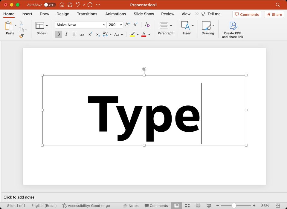 Screenshot of a PowerPoint for Mac window. The slide being editted contains a text box with the word “Type”, which demonstrates that kerning is working because the “y” is slightly tucked under the right side of the “T” horizontal stroke.