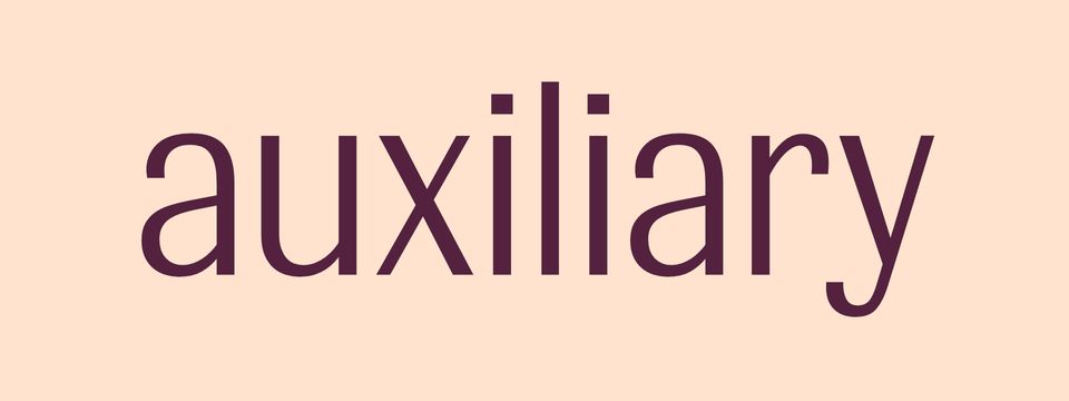 The word “auxiliary” set over a beige background.